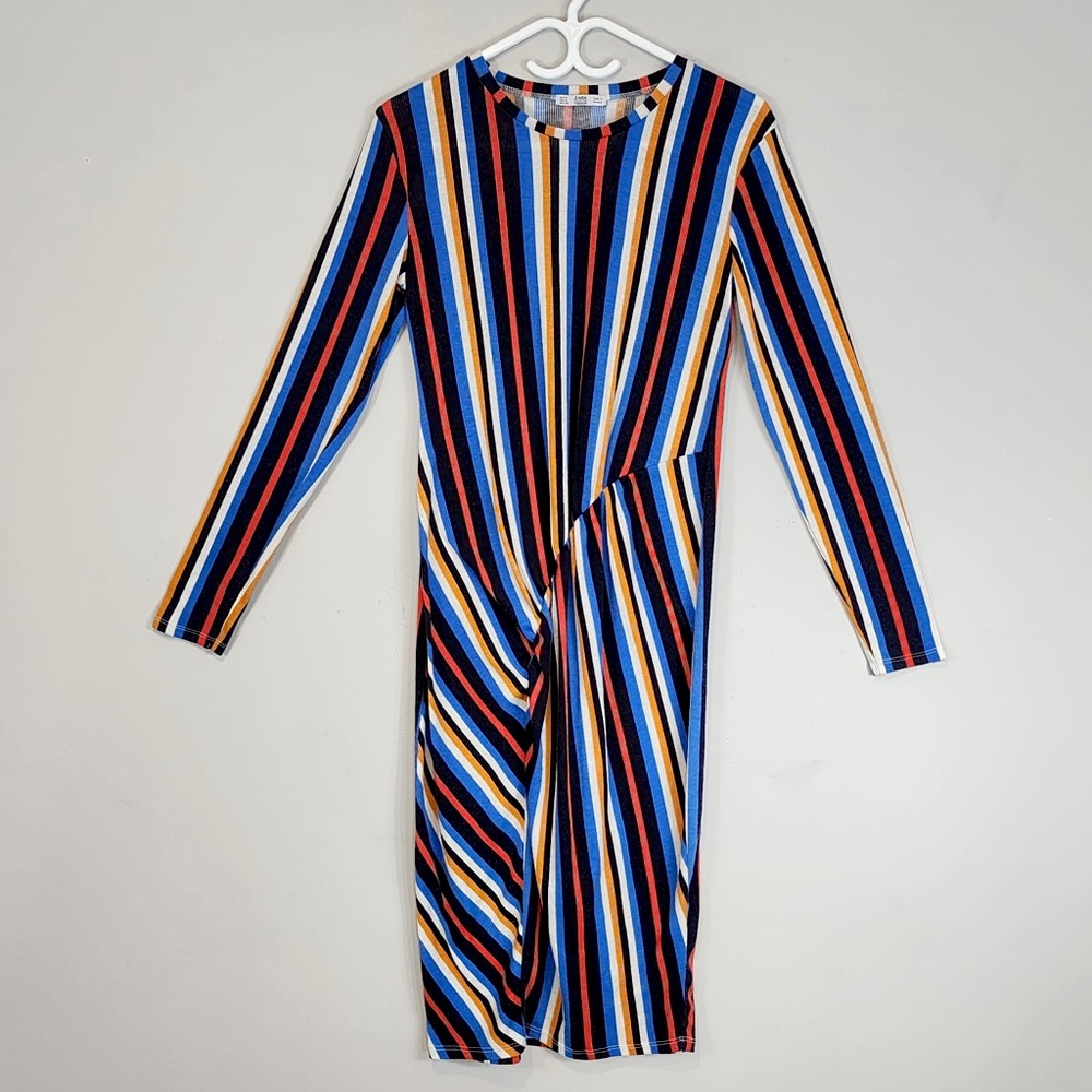 ZARA Art Deco Stripe Ribbed Twist Midi Dress Size M - Picture 2 of 9